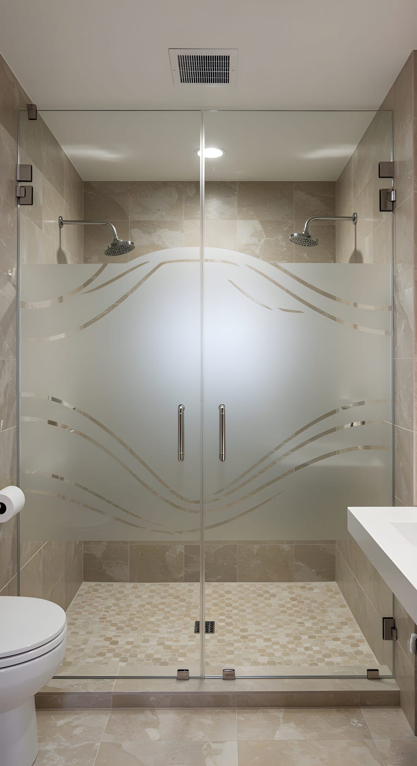 Shower enclosure with geometric gold frosted film, perfect for wallpaper installations in Gauteng. Image shows toilet and van