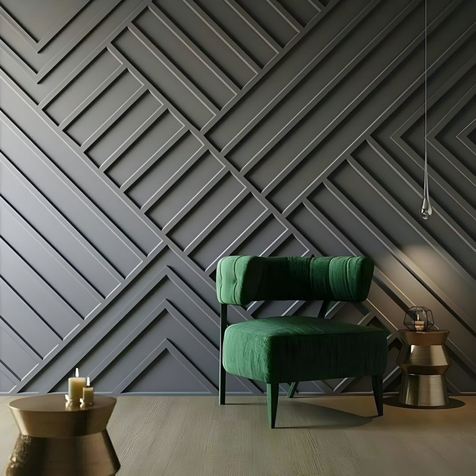Dramatic grey geometric wall paneling with a green velvet chair, perfect for bespoke wallpaper installations.