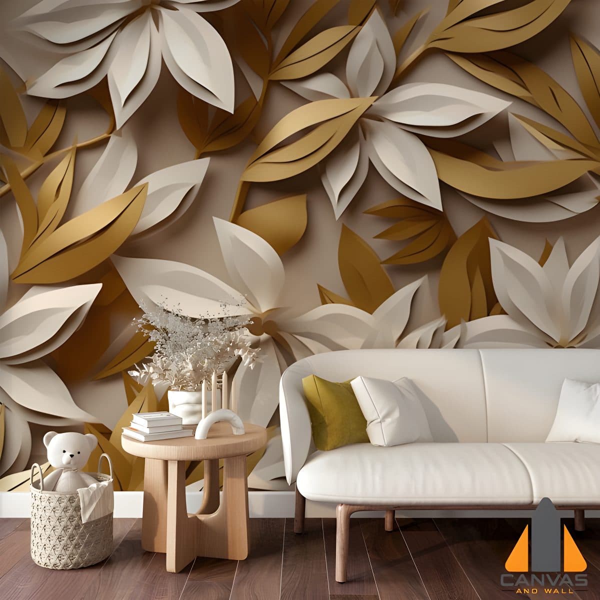 White and gold paper flowers wall mural in a modern living room, perfect for wallpaper installations in Gauteng.