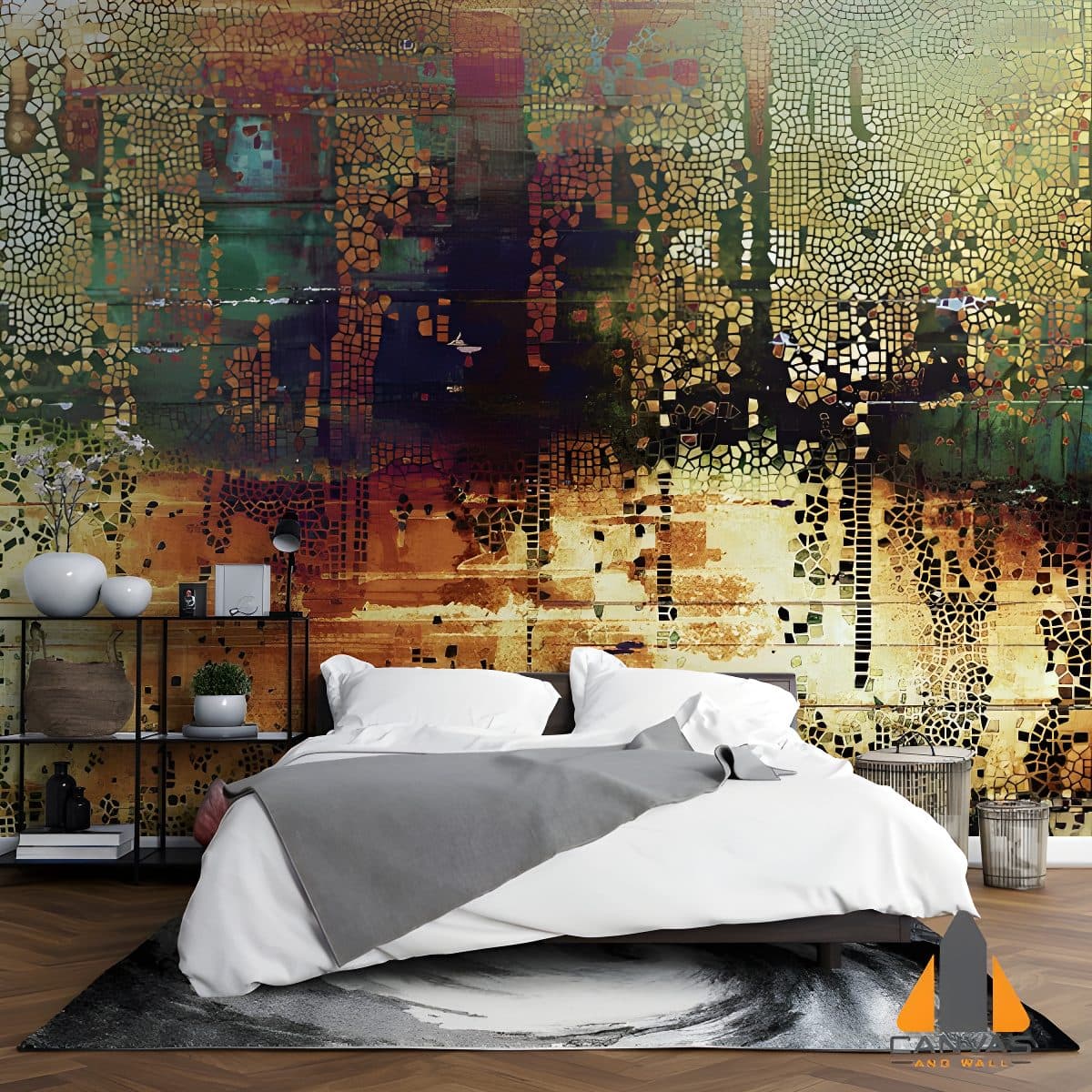 Grungy mosaic custom wallpaper in a modern bedroom with a black metal bookshelf.