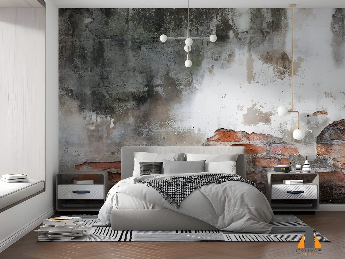 Distressed brick and concrete wall mural in a modern bedroom, showcasing a great wallpaper installation.