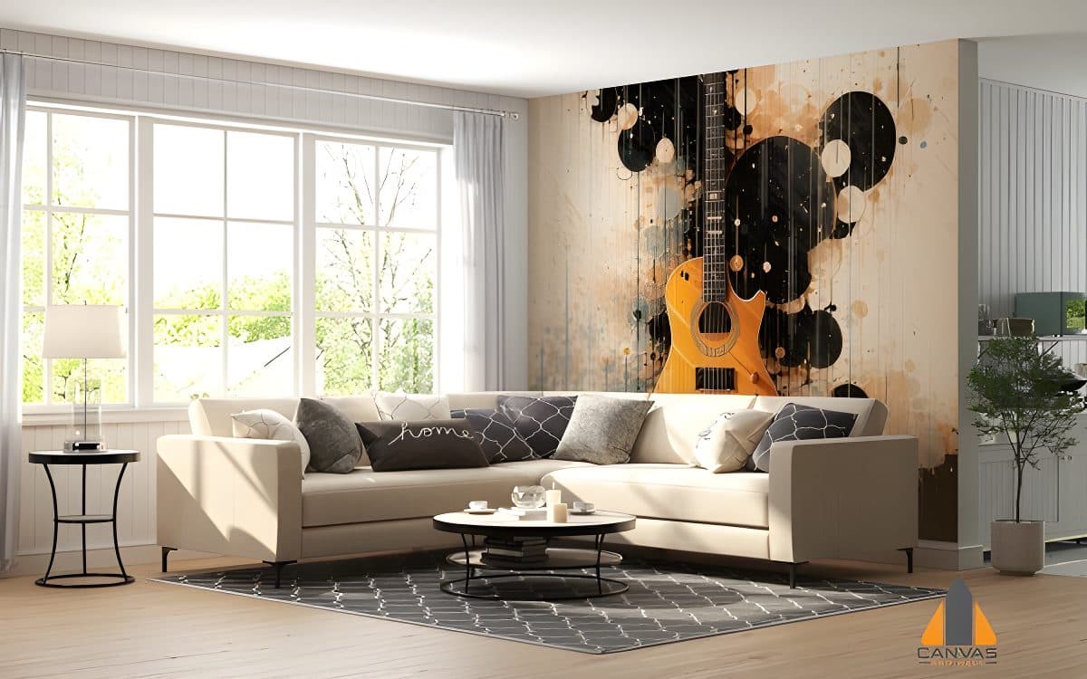 Vibrant abstract guitar wall mural in a modern living room, expertly installed by Canvas & Wall.