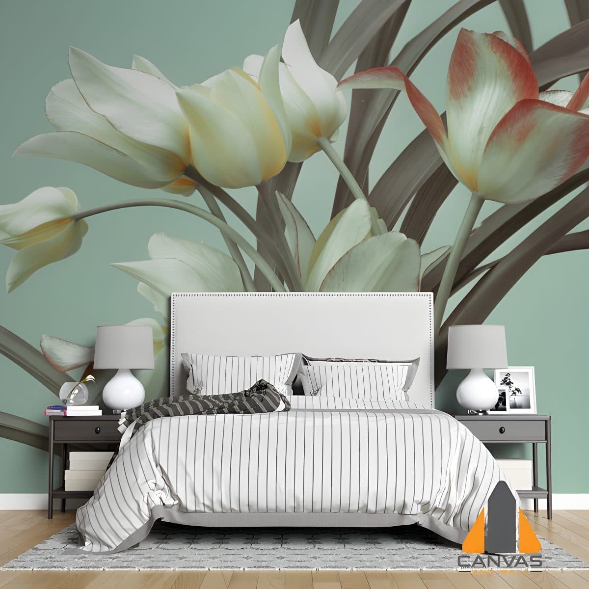 White tulips wall mural in a modern bedroom, showcasing our wallpaper installations in Gauteng.