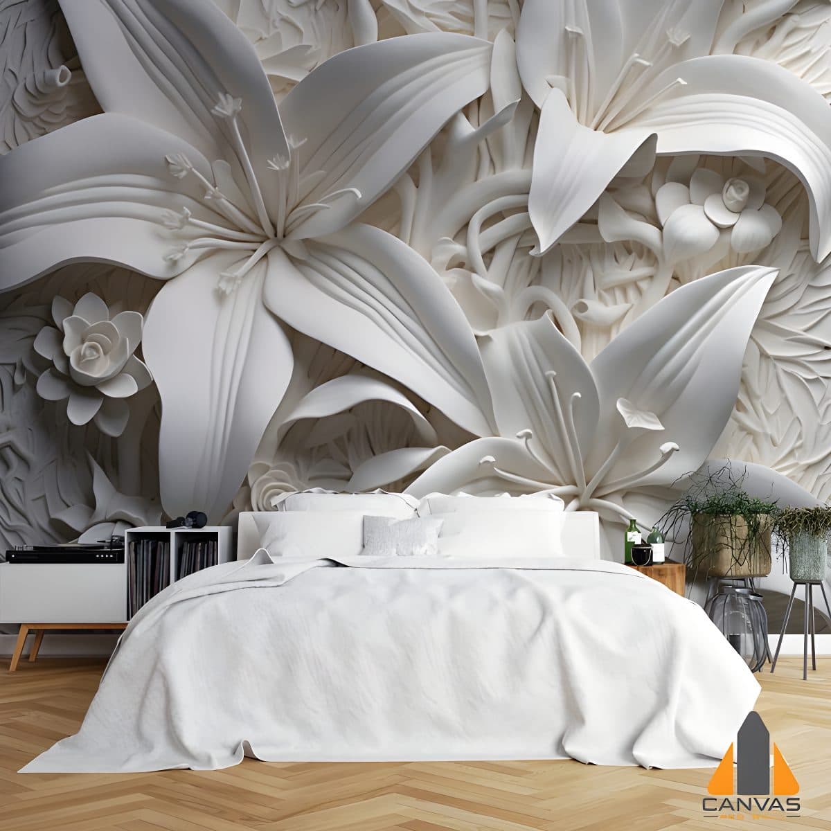 White paper cutout lilies wall mural in a modern bedroom, ideal for wallpaper installations in Gauteng.