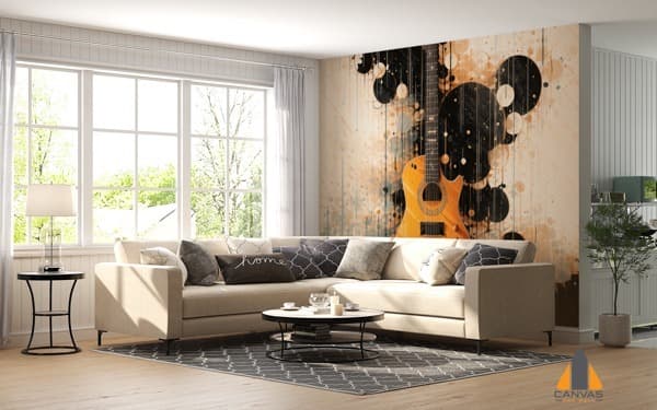Vibrant abstract guitar wall mural in a modern living room, expertly installed by Canvas & Wall.