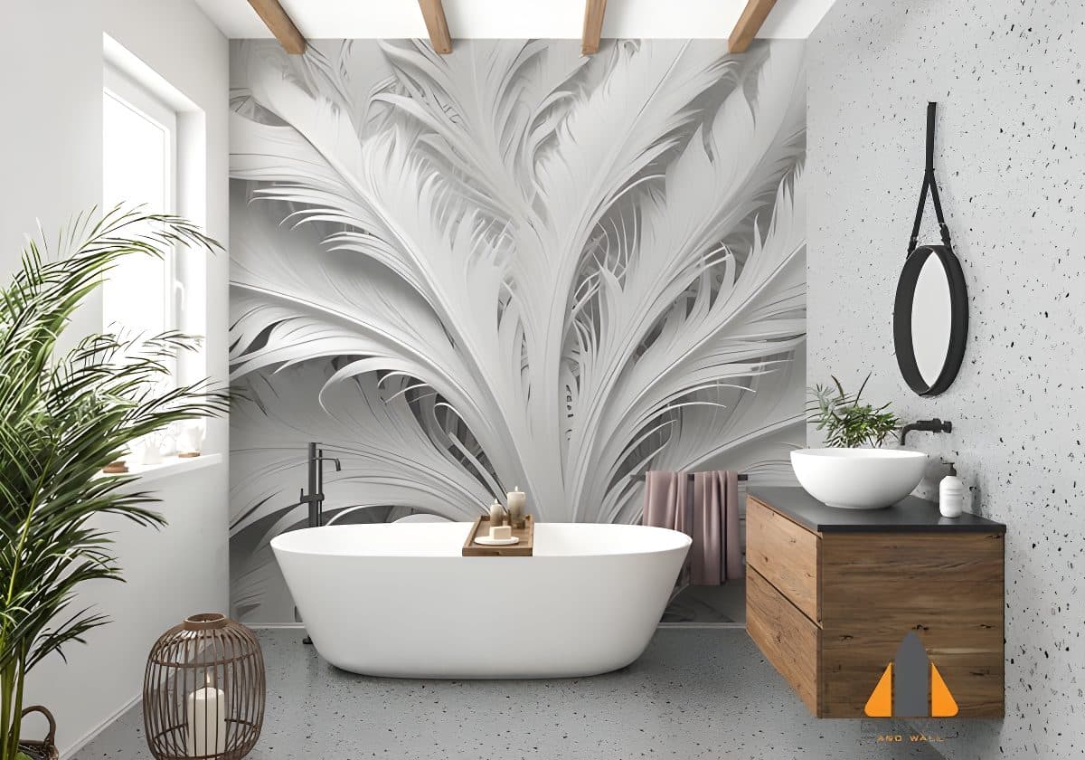 White peacock feathers wall mural in a modern bathroom with a free-standing tub.