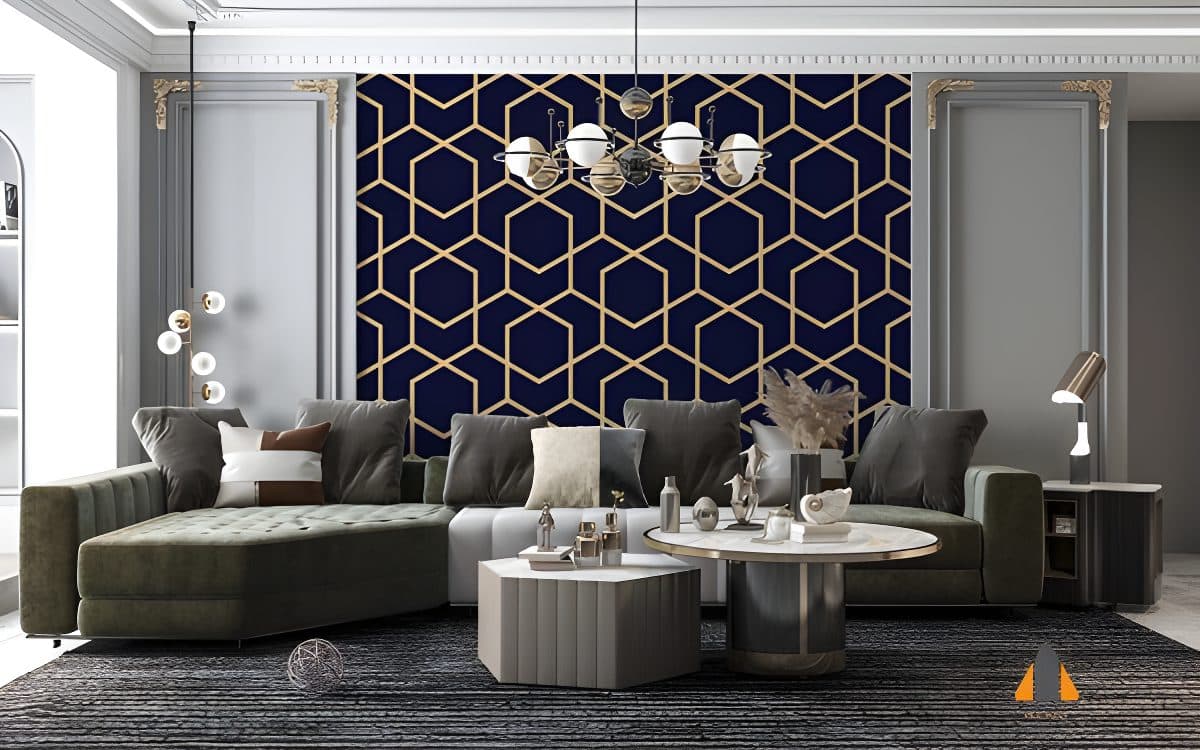 Stylish living room with navy and gold geometric wallpaper, perfect for wallpaper installations in Gauteng.