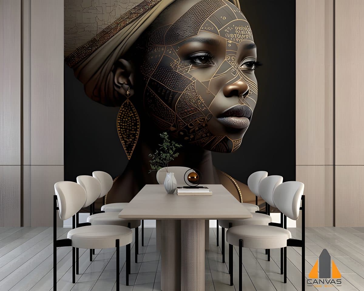 Dramatic wall mural featuring an African woman with blackwork tattoos in a modern dining room setting.