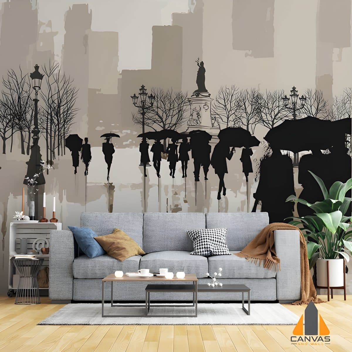 People walking with umbrellas against a city skyline wall mural in a modern living room setting.