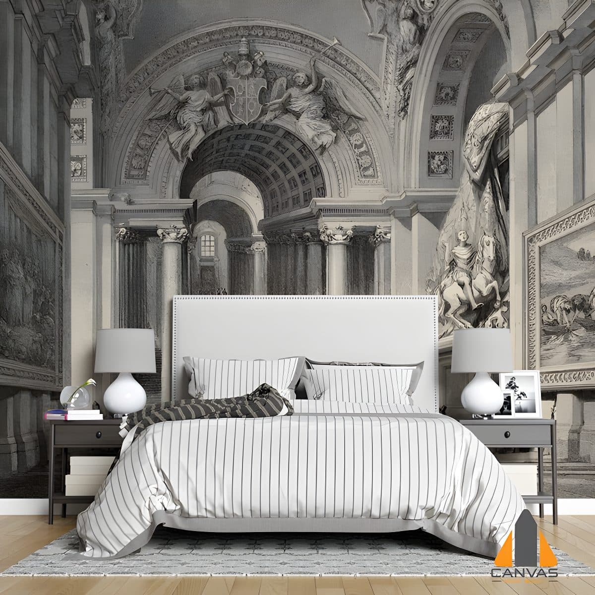 Vintage cityscape wallpaper mural in a modern bedroom, showcasing expert wallpaper installations in Gauteng.
