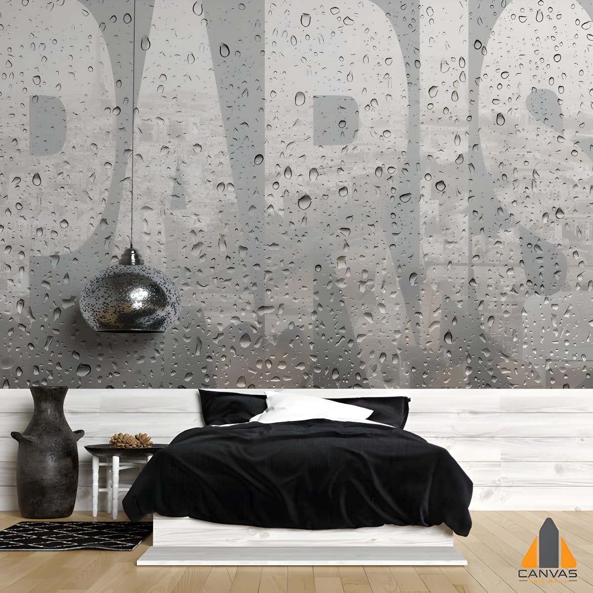 Rainy Paris wall mural in a modern bedroom, showcasing expert wallpaper installations in Gauteng.