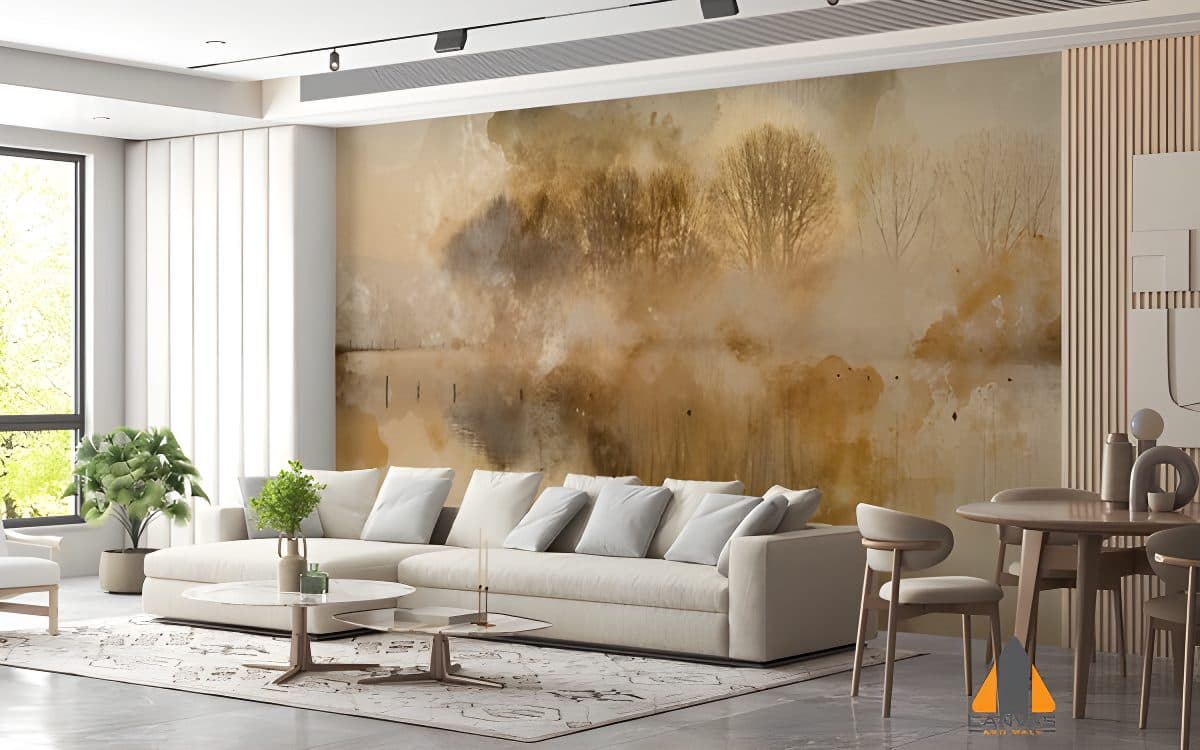 Misty dawn watercolor wall mural in a modern living room, perfect for wallpaper installations Johannesburg.