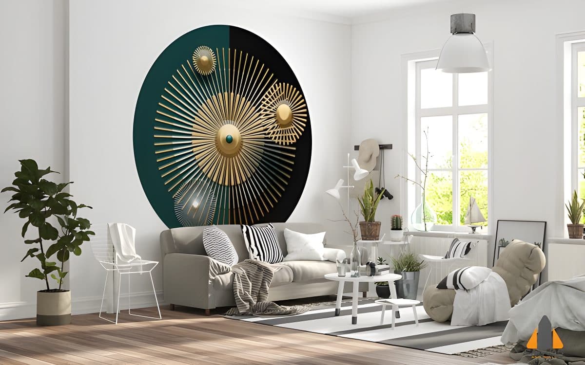 Circular gold and teal abstract wall mural in a modern living room design.