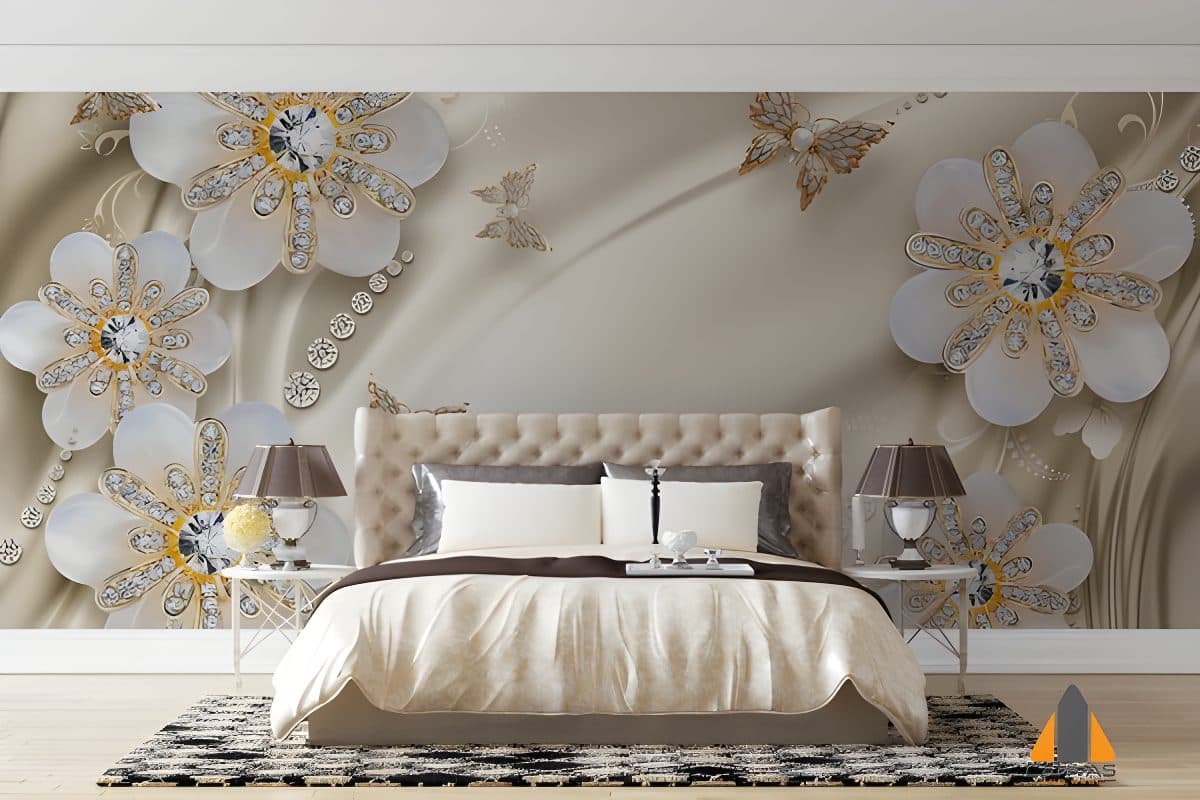 Shimmering 3D floral wall mural with butterflies in a bright, elegant bedroom.