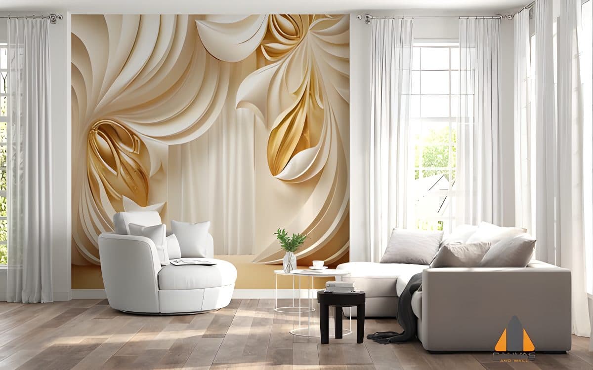 Elegant cream and gold floral wall mural in a bright modern living room, perfect for wedding backdrops.