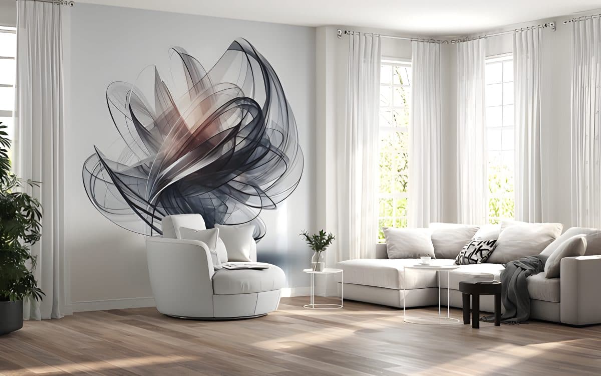 Silvery Swirls wall mural in a modern living room, perfect for wallpaper installations in Gauteng