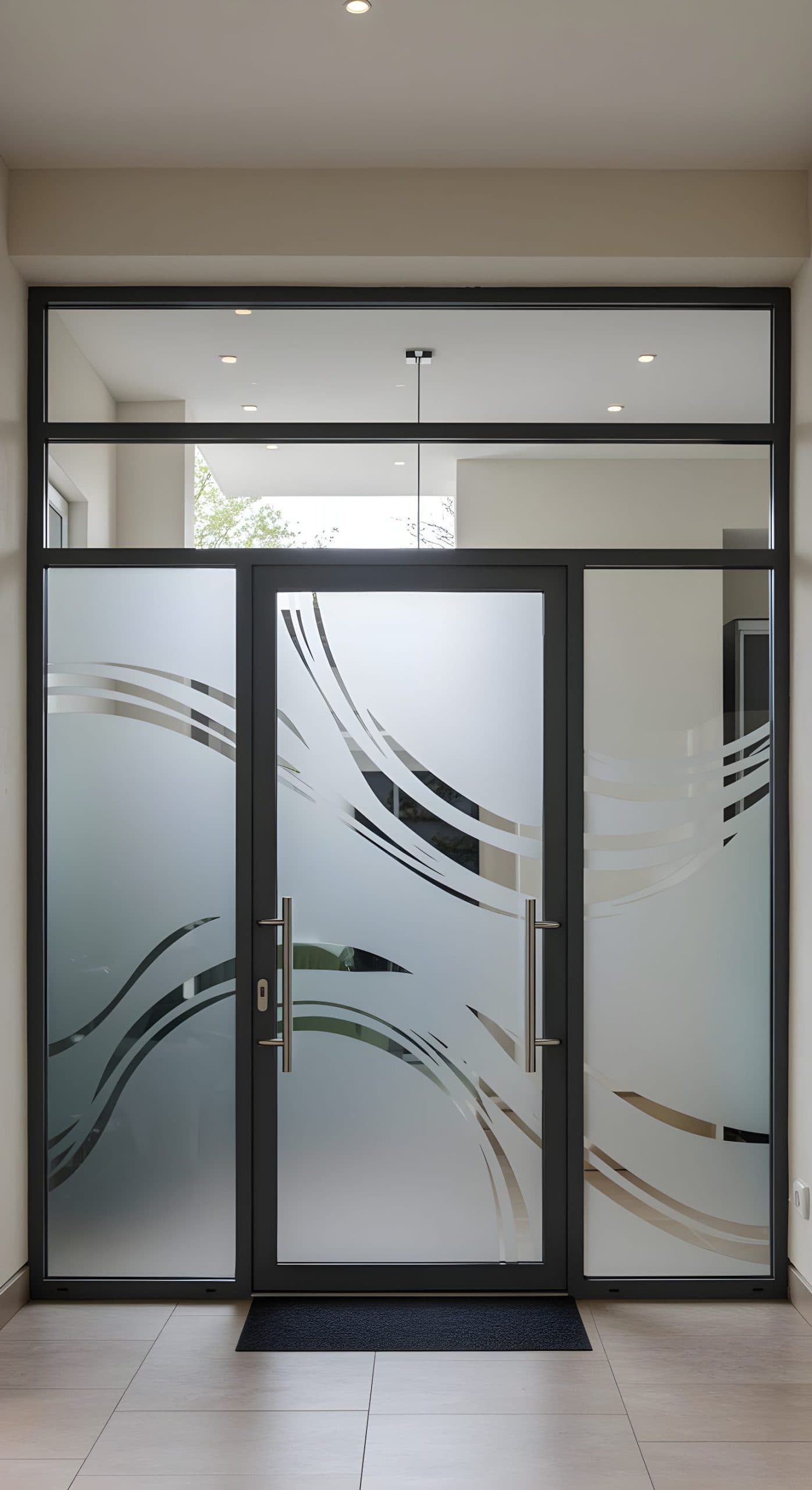 Glass door and side panels with wavy privacy film, ideal for custom wallpaper installations in Gauteng.