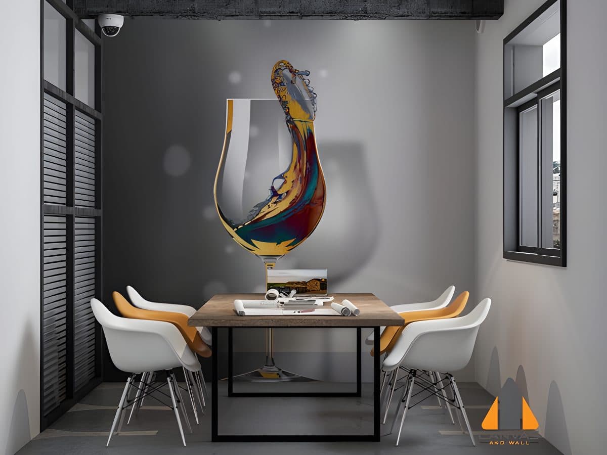 Wine glass wall mural in a modern office space, perfect for wallpaper installations in Gauteng.