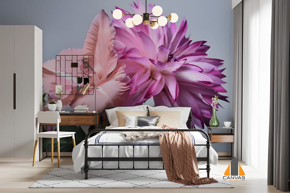 Vibrant purple flower wall mural in a modern bedroom, showcasing expert wallpaper installations in Gauteng.
