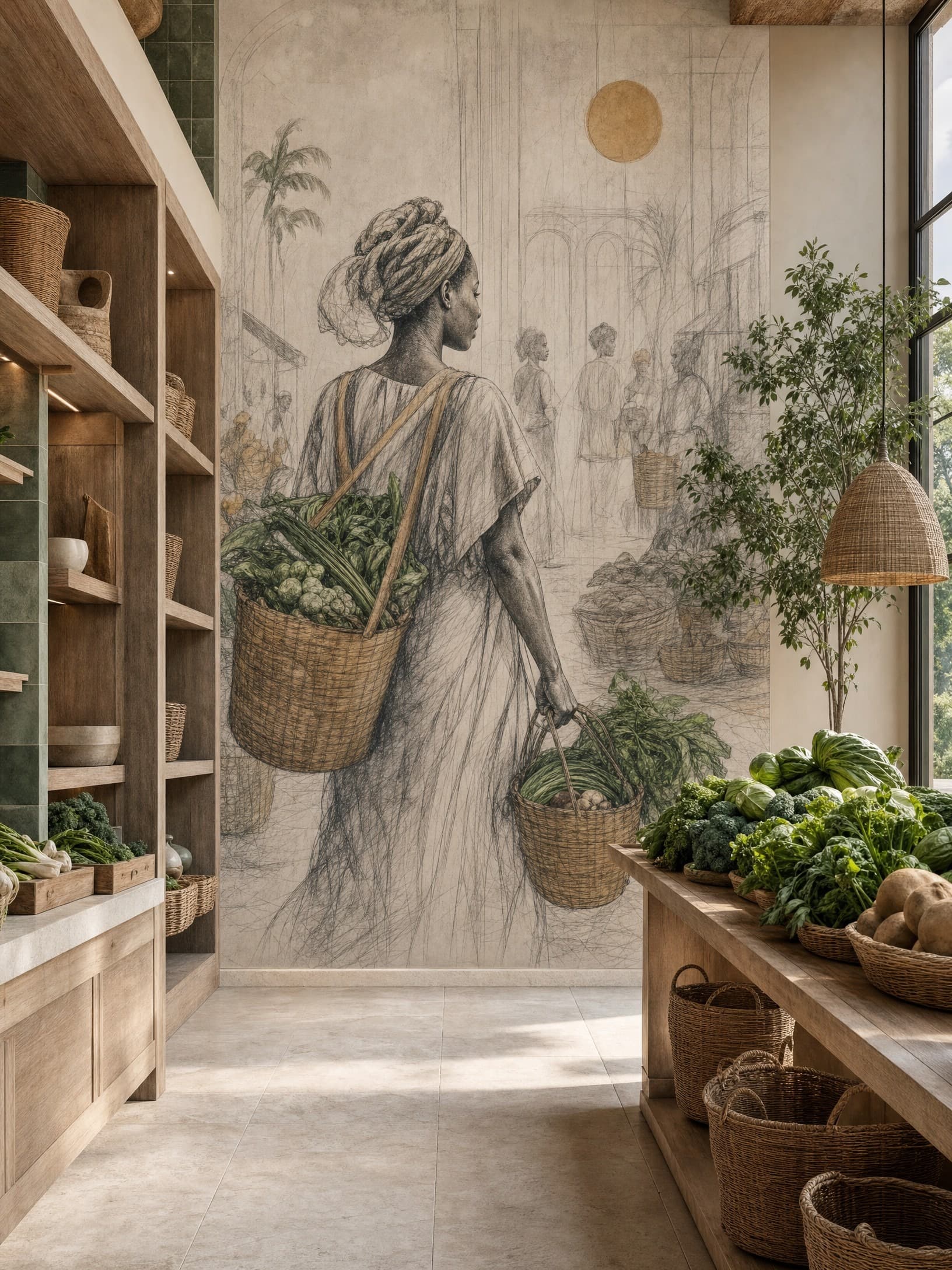 African Market Gatherer Mural - Wallpaper in room