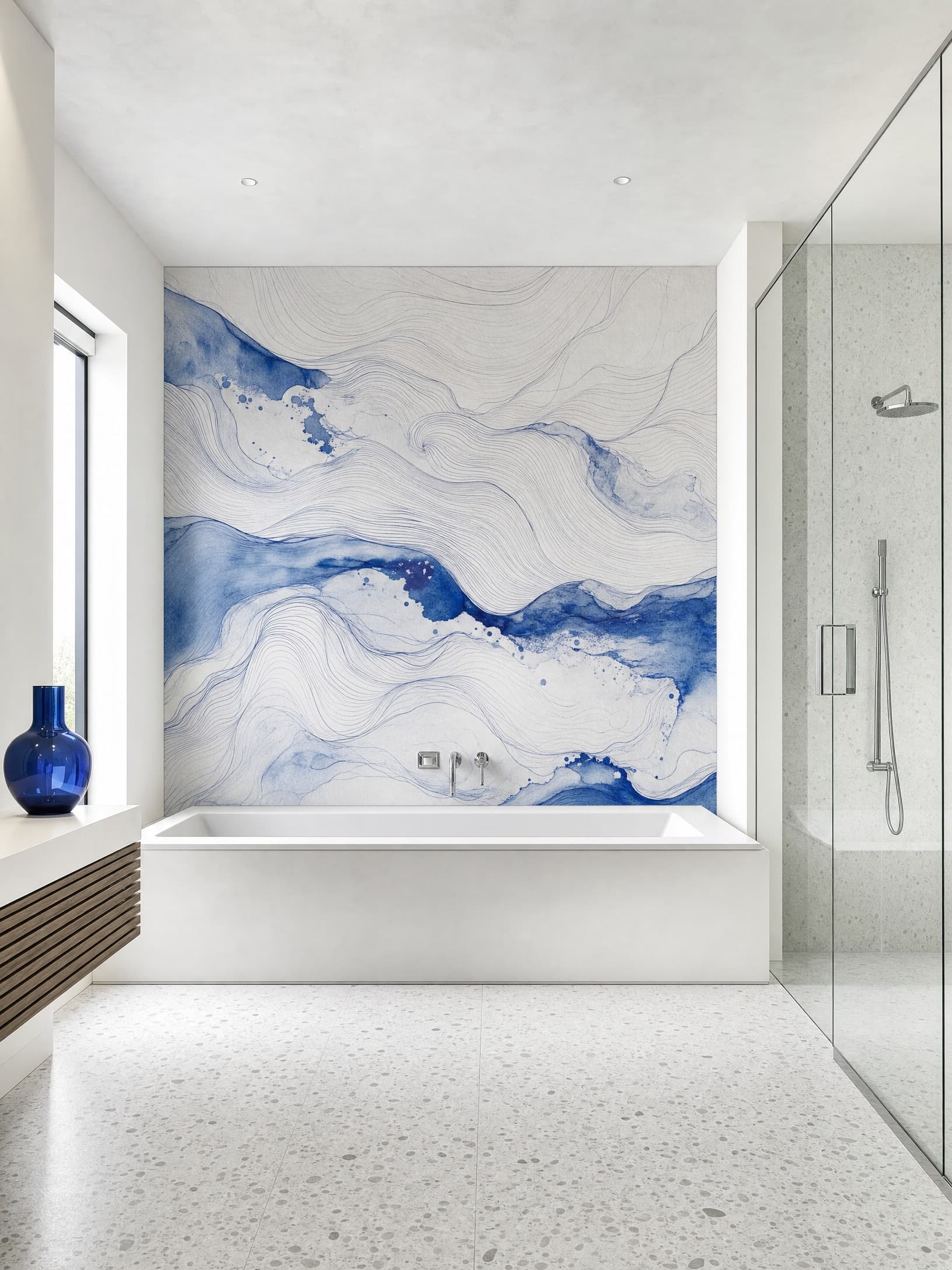 Cobalt Wave Contour Mural - Wallpaper in room