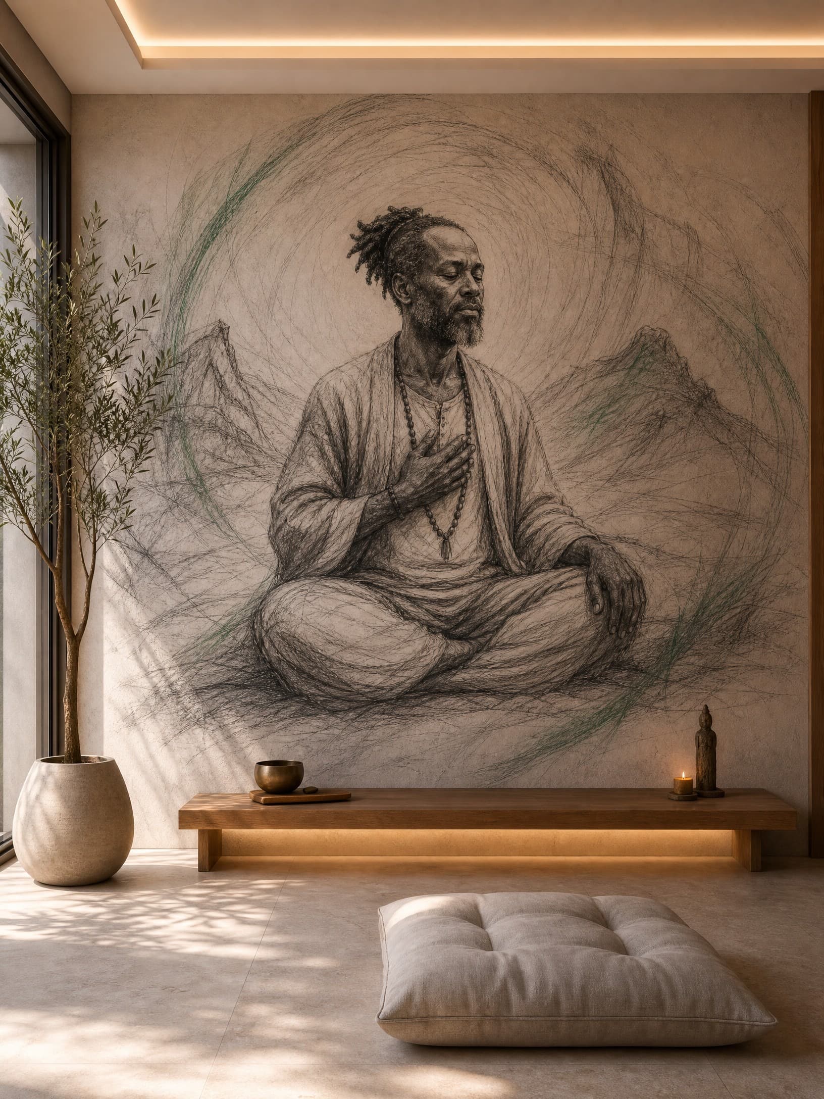 Mindful Meditator Sketch Mural - Wallpaper in room