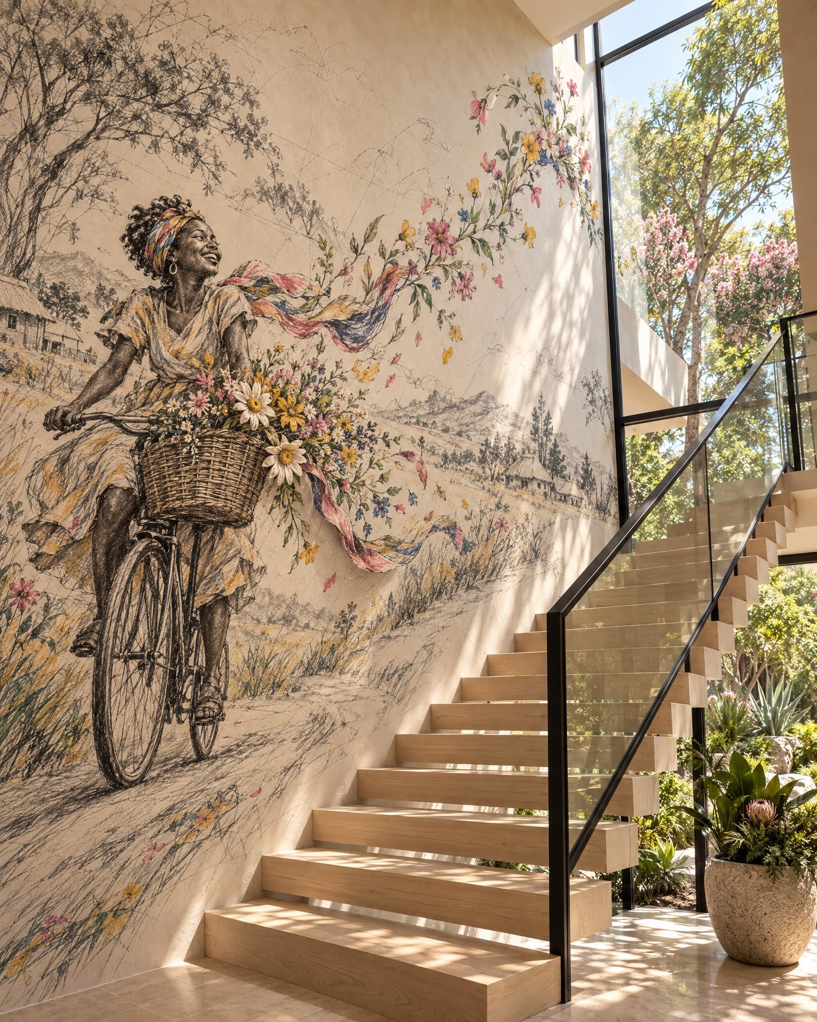 Joyful Countryside Cycle Mural - Wallpaper in room
