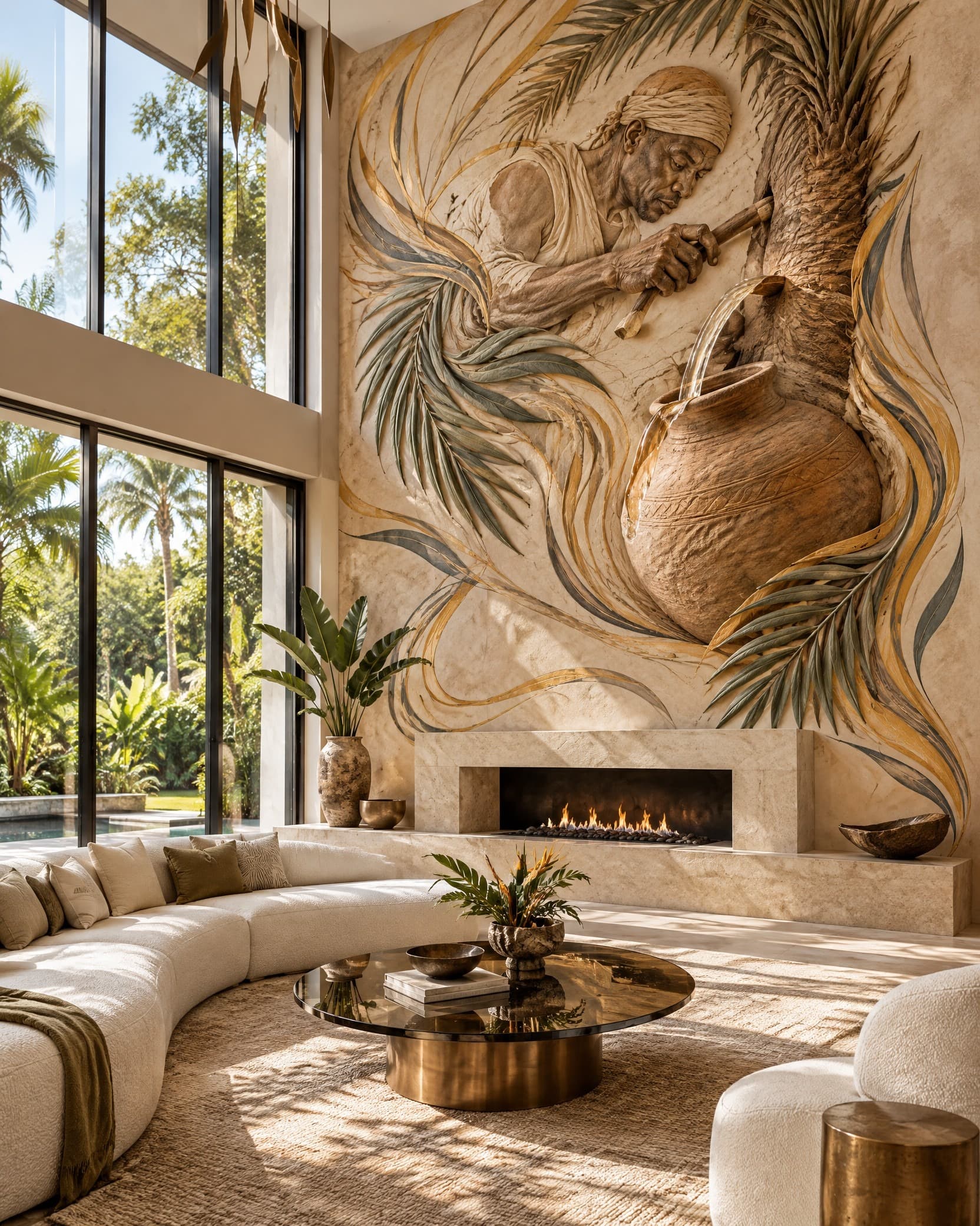 Sculpted Palm Harvester Mural - Wallpaper in room