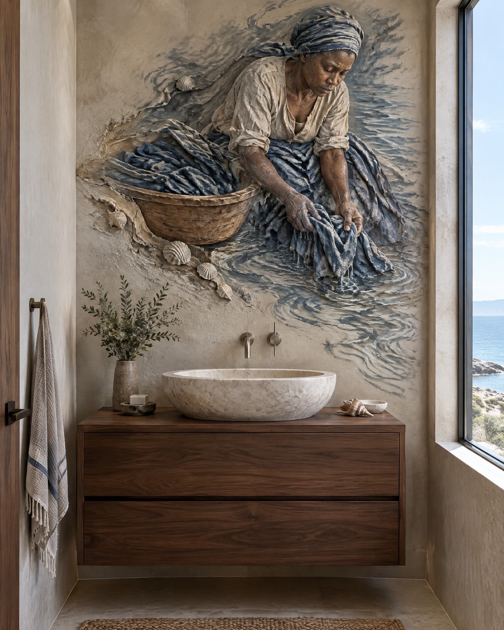 Washerwoman Bas Relief Mural - Wallpaper in room