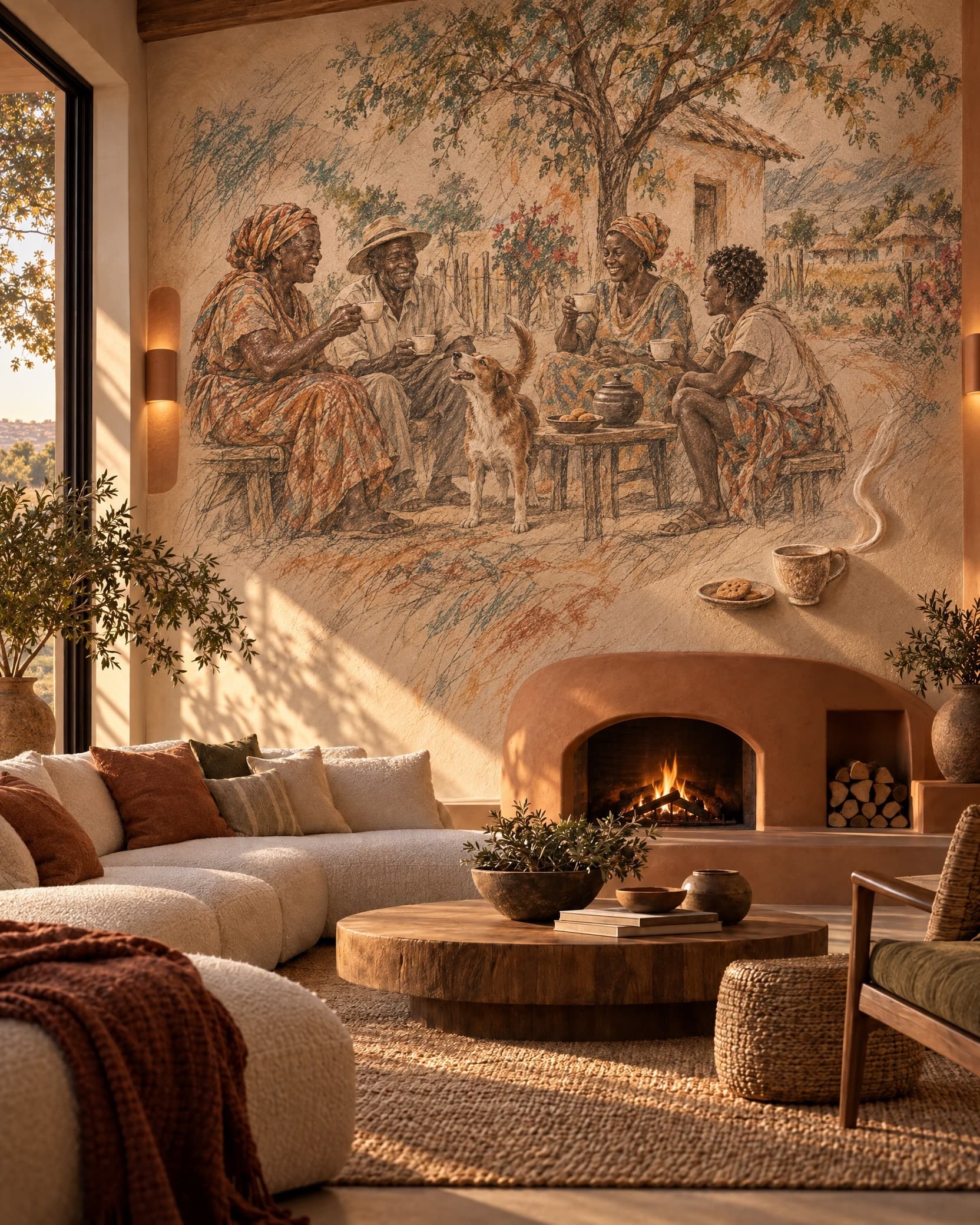African Homestead Gathering Mural - Wallpaper in room