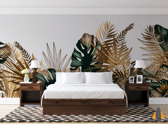 Tropical Golden and Emerald Leaves Wallpaper