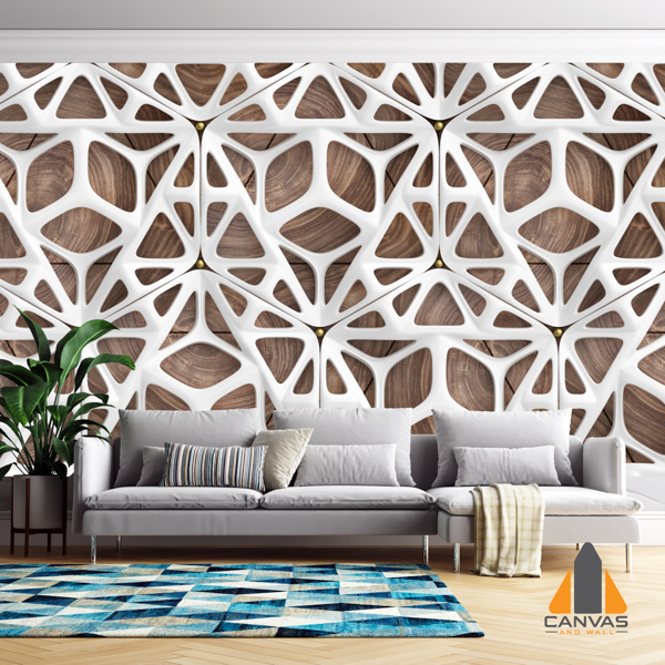3d glossy white frame tiles on precious wood background with golden spheres