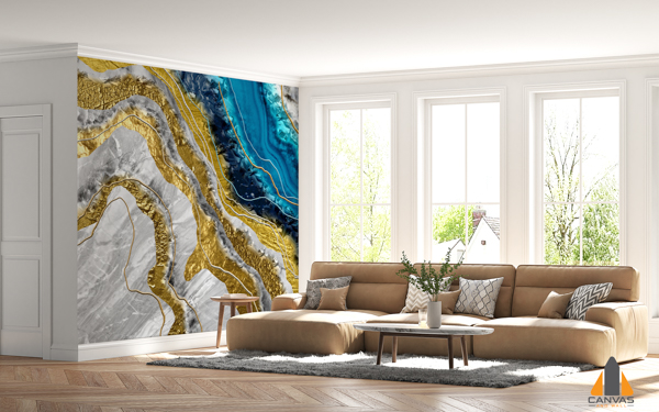 Blue2C Gold2C and White Abstract Marble effect