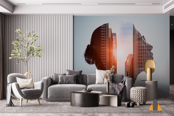 Double Exposure of woman silhouette and Mordern City Skyline