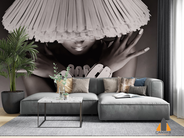 Monochrome portrait of fashionable woman in white hat