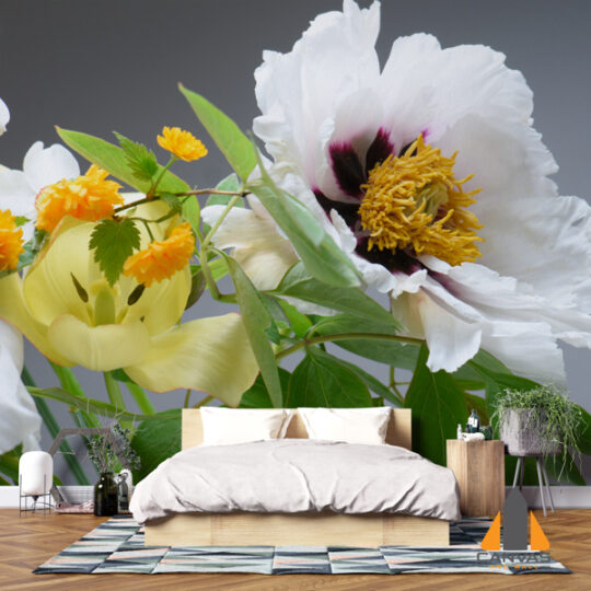 Spring bouquet2C white tulips and blue irises 2