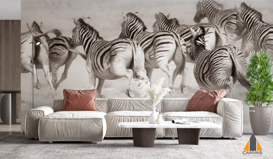 Zebra stampede in a cloud of dust