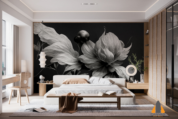 botanical floral artwork in grayscale