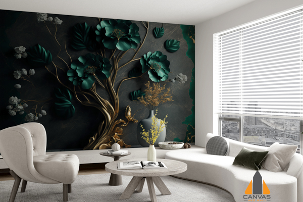 green-flowers-golden-tree-marble-background