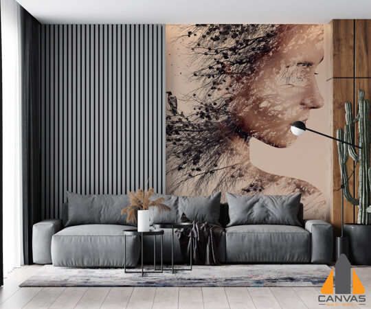 portrait of young woman and pine with black crow