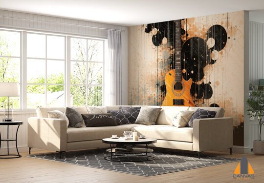 yellow-guitar-with-black-dots-black-white-background