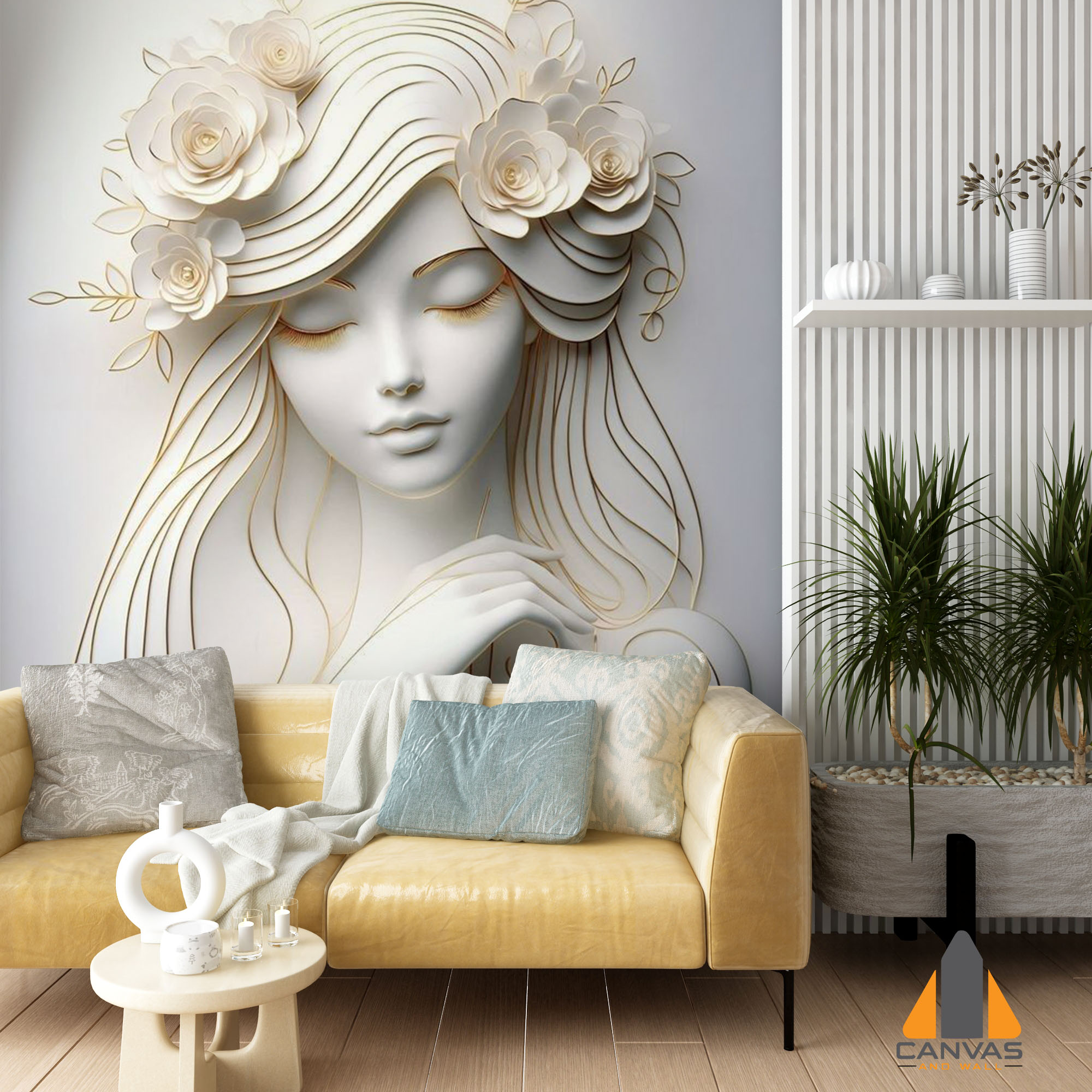 3D-style abstract woman wall mural in a modern living room with a yellow couch, perfect for wallpaper installations.