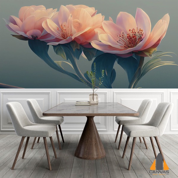 Three soft pink flowers custom wallpaper installation in a modern dining room setting.