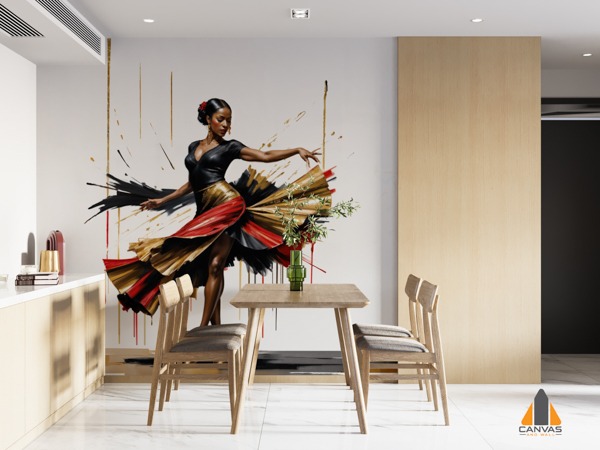 Vibrant dancer wall mural in a modern dining area. Perfect for wallpaper installations in Gauteng.
