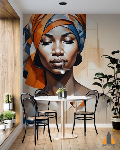 Oil painting wall mural of a woman in a headwrap in an elegant dining area, perfect for wallpaper installations in Gauteng.
