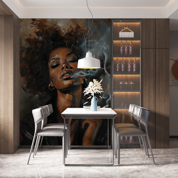 Dramatic wall mural of an African-American woman smoking in a modern dining room, ideal for wallpaper installations Johannesb