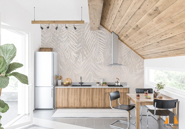 Light kitchen with tropical leaf custom wallpaper and a wooden dining table, ideal for wallpaper installations in Gauteng.
